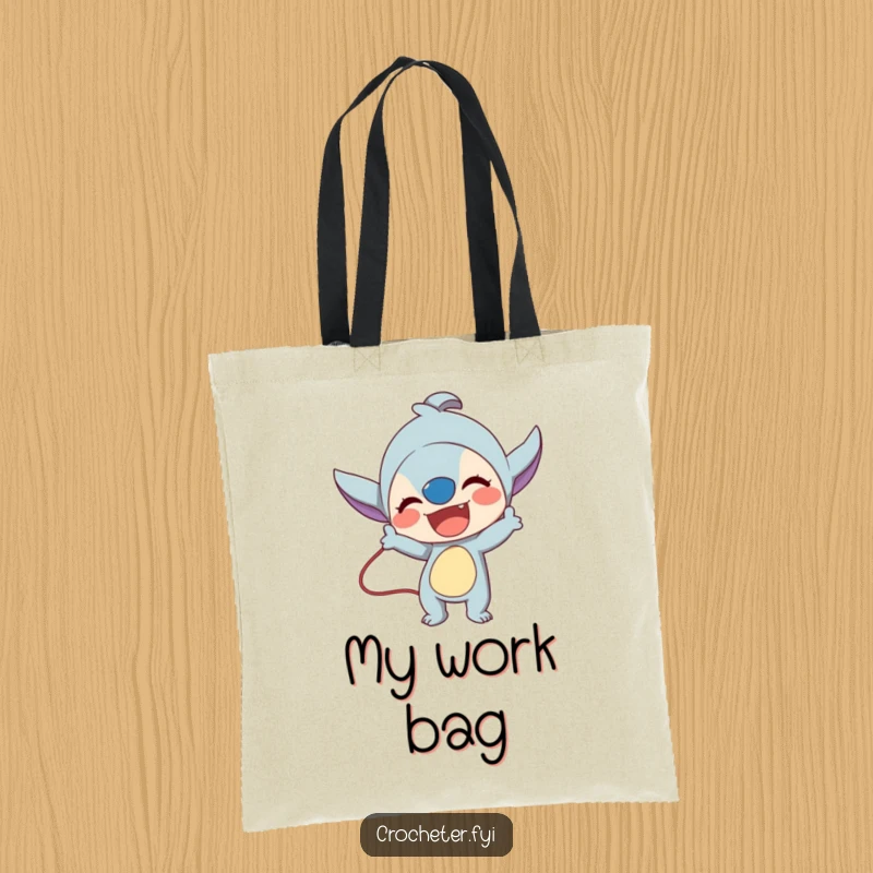 Funny tote bag with a lively character energetically demonstrating a complex crafting stitch, ready to teach.
