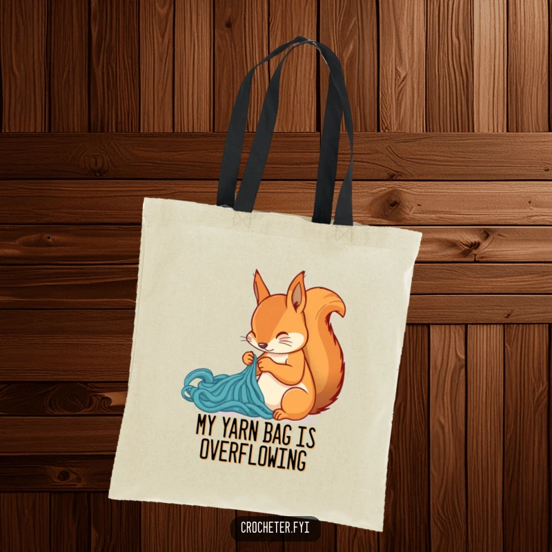 Funny squirrel knitting a stitch on a tote bag, showcasing a passion for crafts and humor, a great gift.