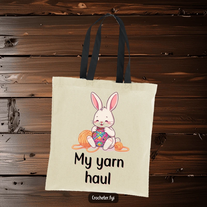 Funny bunny happily stitching a colorful pattern with big yarn, a perfect tote for carrying all your creative project supplies.
