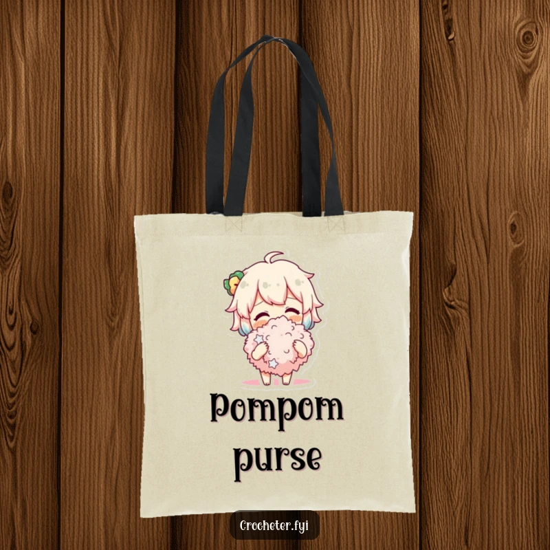 Funny Tote Bag depicting a cheerful character proudly holding a large, fluffy pompom they just crafted, a symbol of crafting joy.