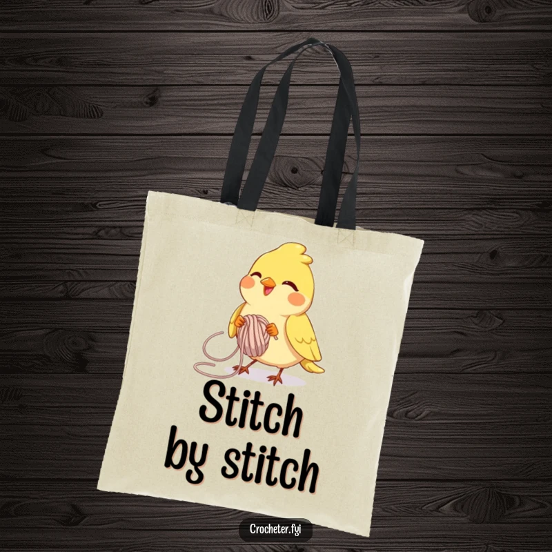 Funny joyful bird intently looping yarn, a humorous and practical tote bag for craft supplies.