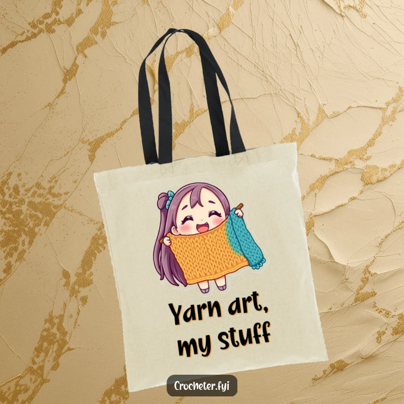 Funny tote bag with a joyful character holding a colorful, unfinished knitted item, ideal for carrying craft supplies.