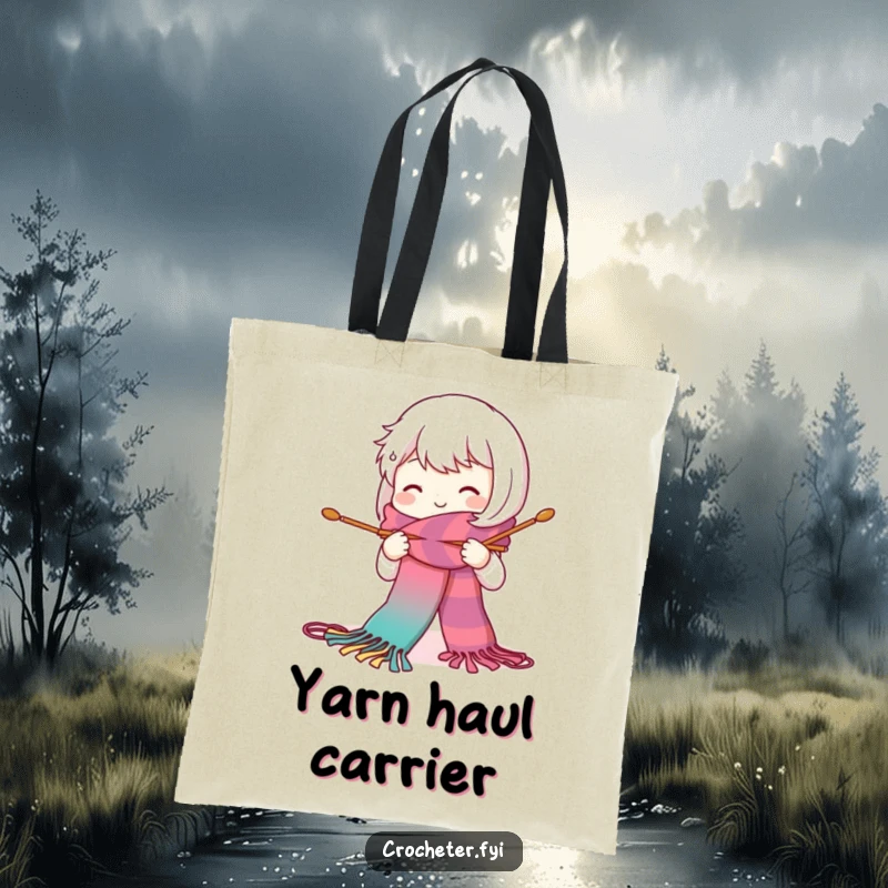 Funny tote bag showcasing a cute, smiling character knitting a long, colorful scarf with large needles, ideal for carrying yarn supplies.